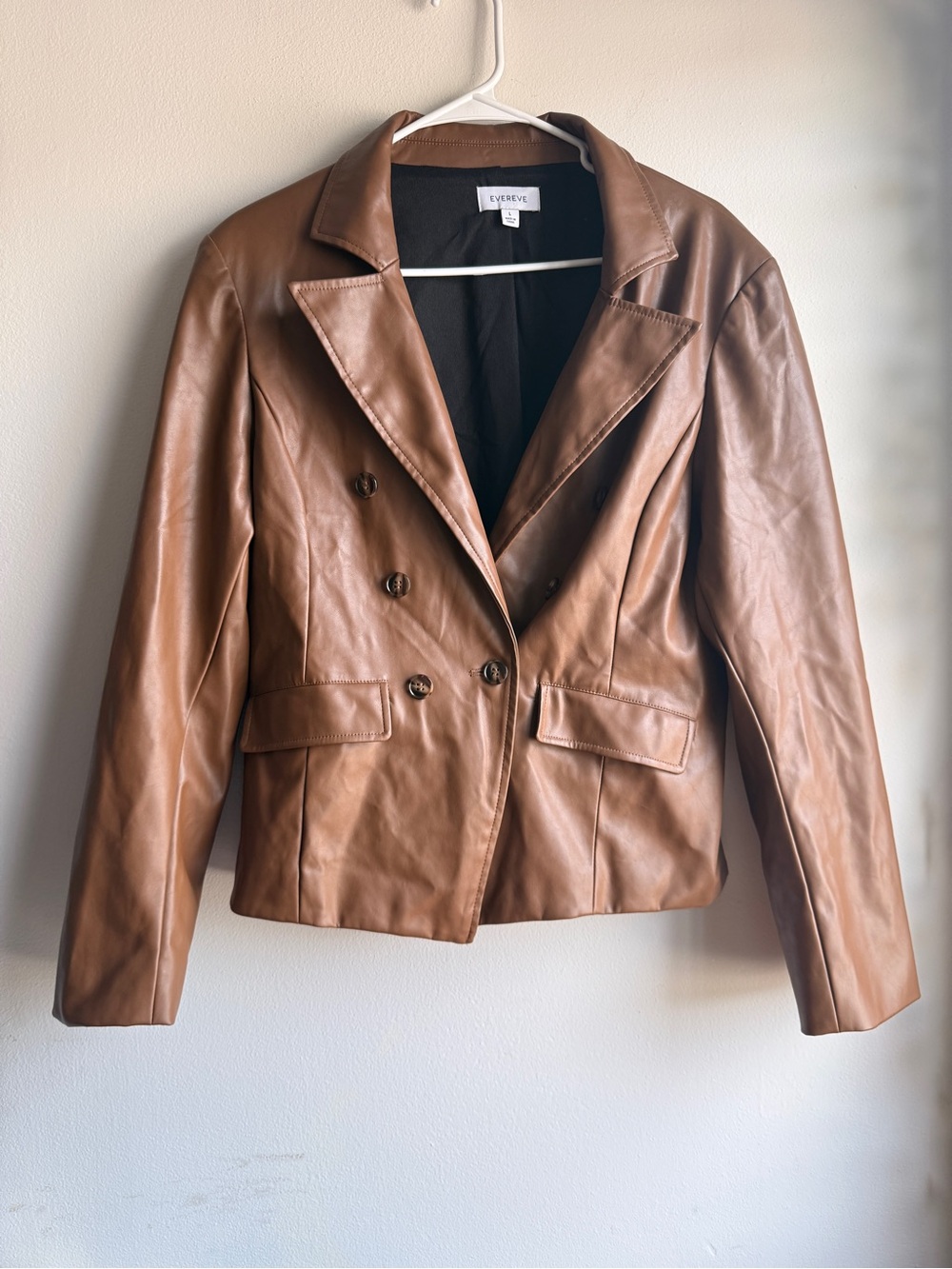 EVEREVE Camel Faux Leather Double Breasted Cropped Blazer Jacket Size L